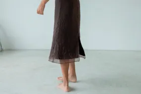 ( BROWN / IVORY ) WRINKLED MIDI CHIFFON SKIRT