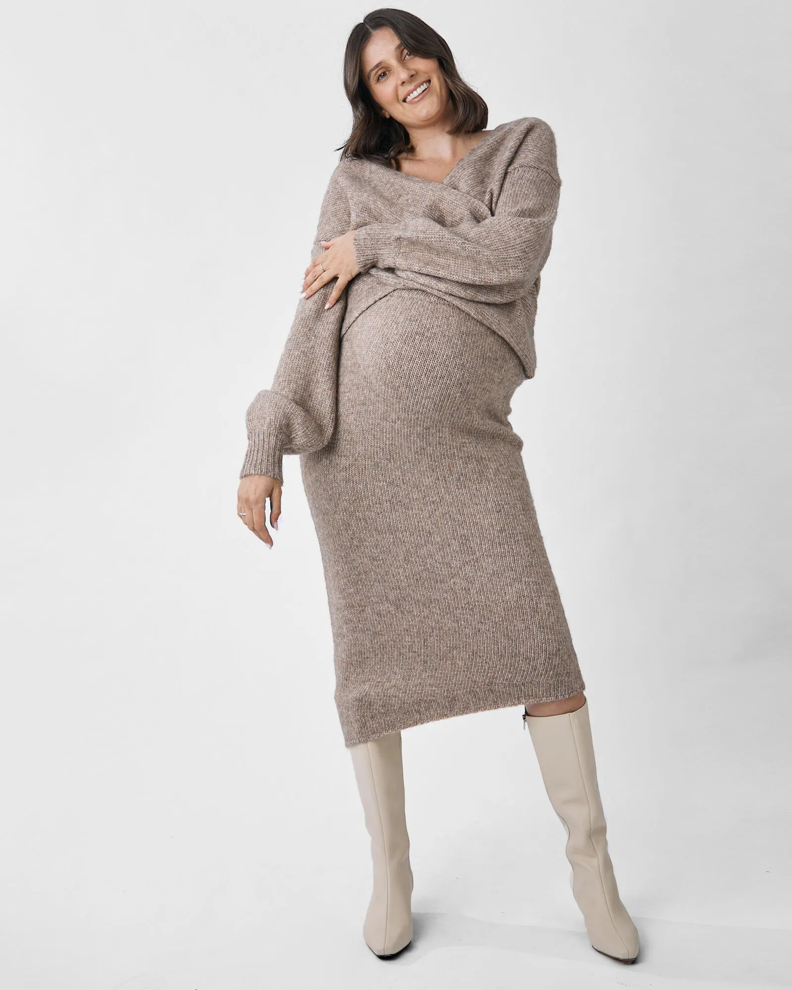 2 Pieces Amélie's Knit Set-Crossover top & Asymmetrical Skirt in Taupe