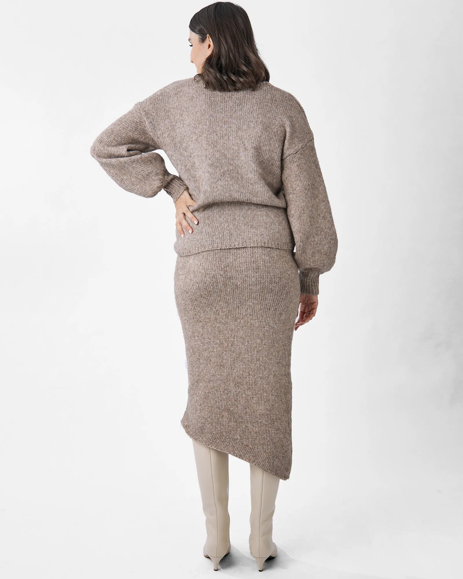 2 Pieces Amélie's Knit Set-Crossover top & Asymmetrical Skirt in Taupe