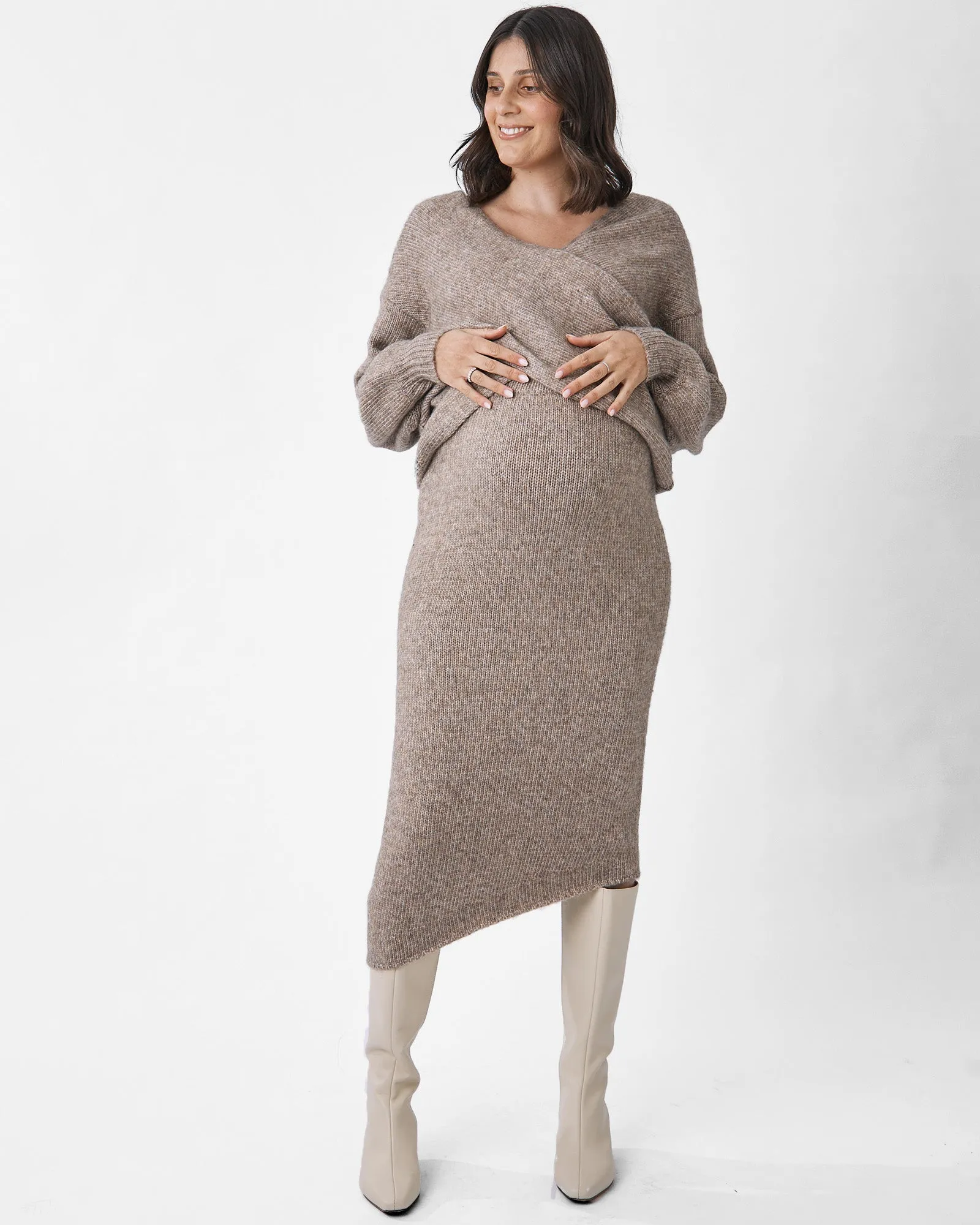 2 Pieces Amélie's Knit Set-Crossover top & Asymmetrical Skirt in Taupe