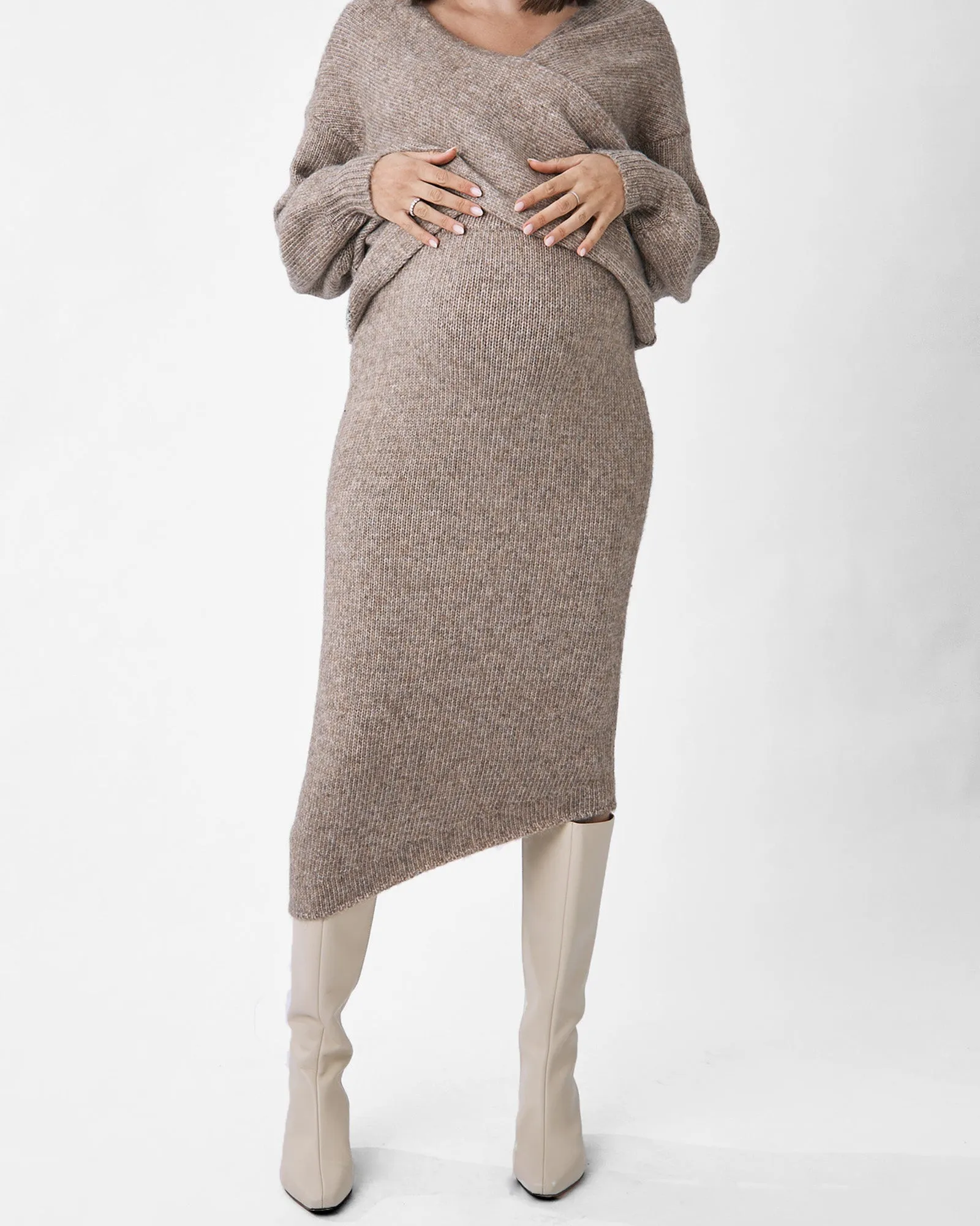 2 Pieces Amélie's Knit Set-Crossover top & Asymmetrical Skirt in Taupe