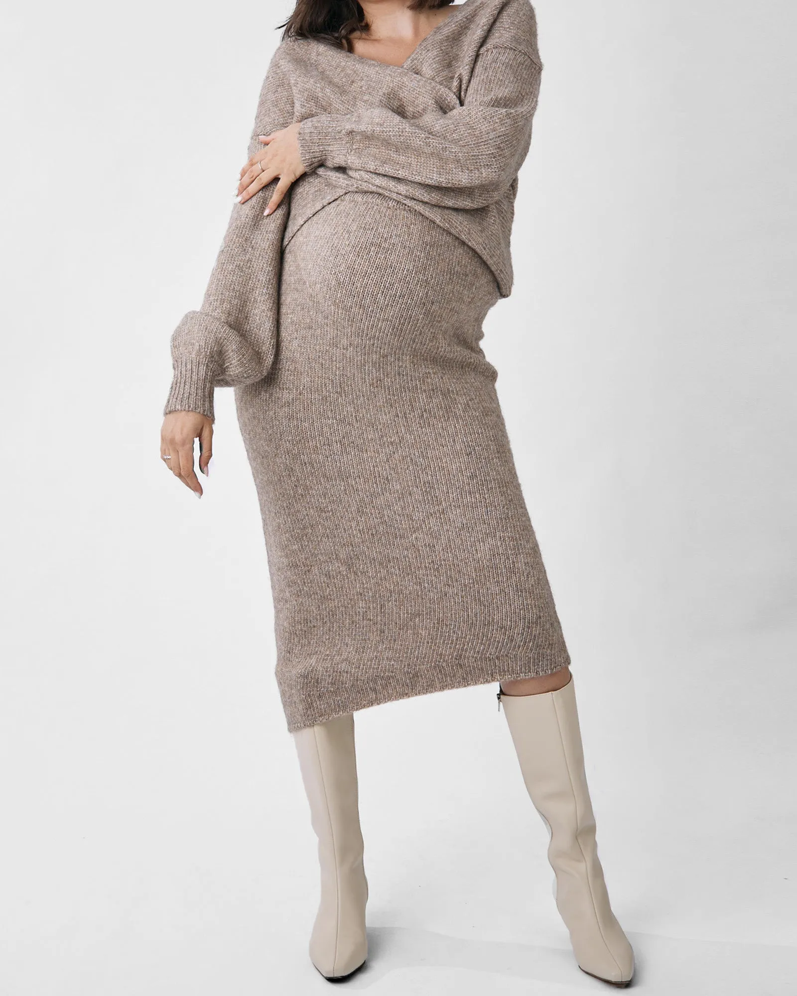 2 Pieces Amélie's Knit Set-Crossover top & Asymmetrical Skirt in Taupe