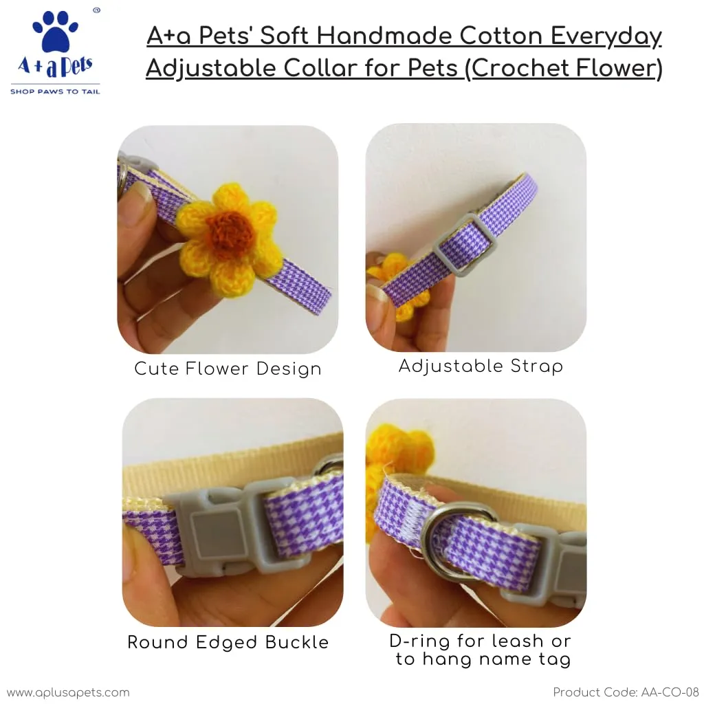 A a Pets' Crochet Flower Adjustable Cat Collar, Soft Handmade - Yellow