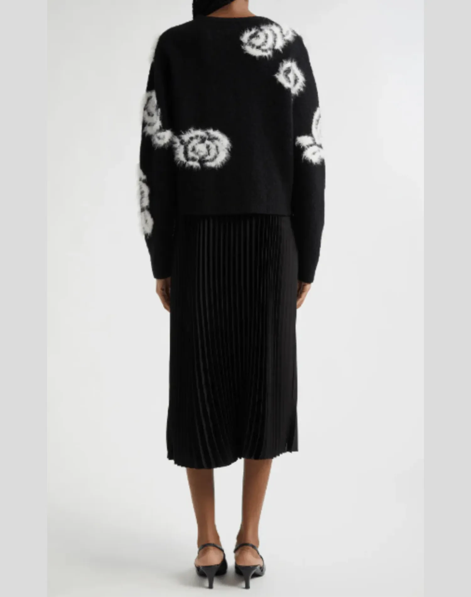 Aerin Abstract Floral Fuzzy Cardigan   Pleated Dress | Black & Ivory | 2 Pieces in 1