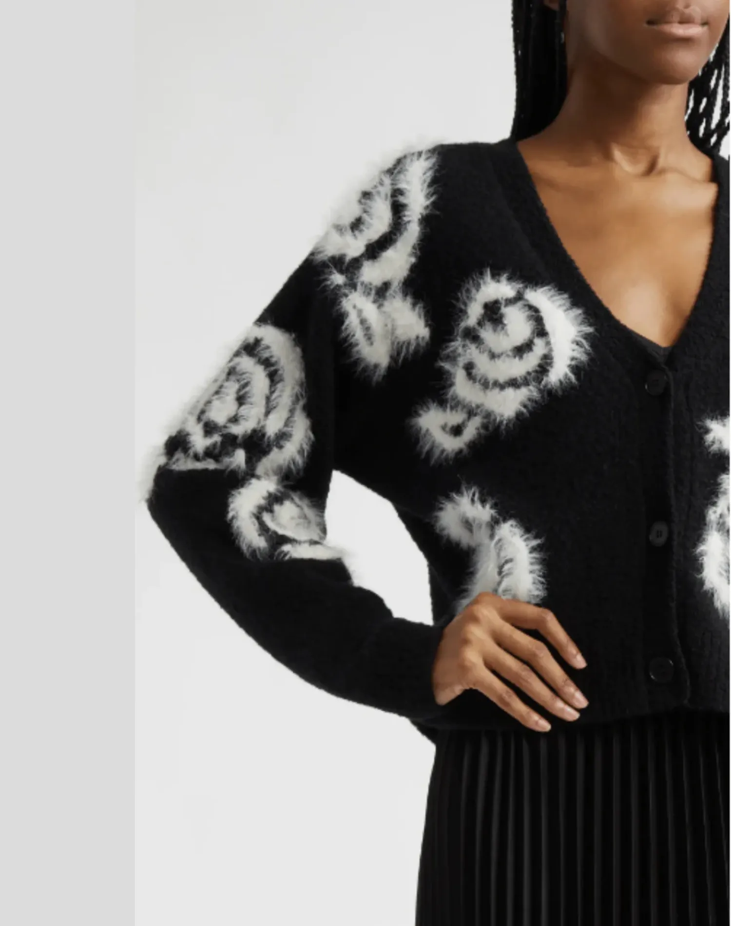 Aerin Abstract Floral Fuzzy Cardigan   Pleated Dress | Black & Ivory | 2 Pieces in 1