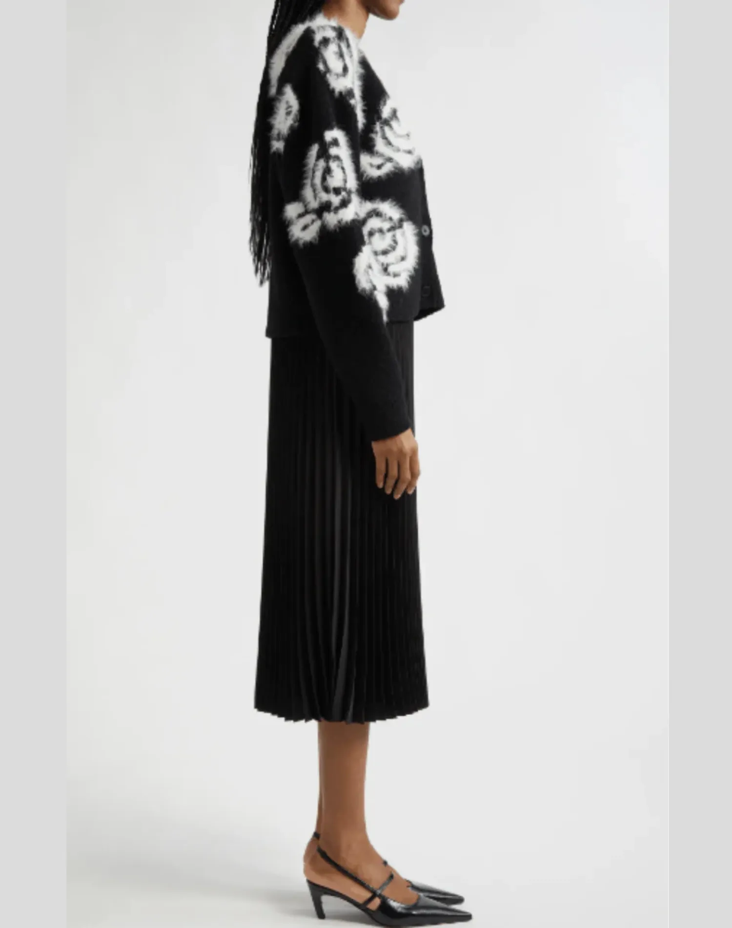 Aerin Abstract Floral Fuzzy Cardigan   Pleated Dress | Black & Ivory | 2 Pieces in 1