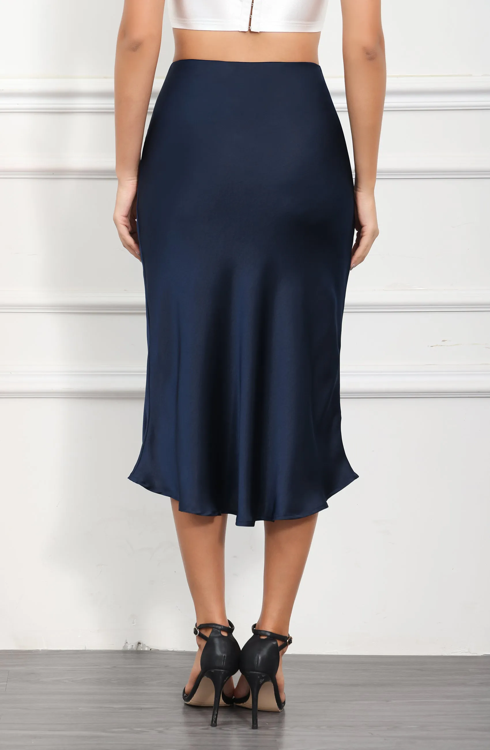 ALCEA ROSEA Women Satin Side Split Skirt High Waist Elastic Elegant A Line Midi Skirts for Women Navy AR7301