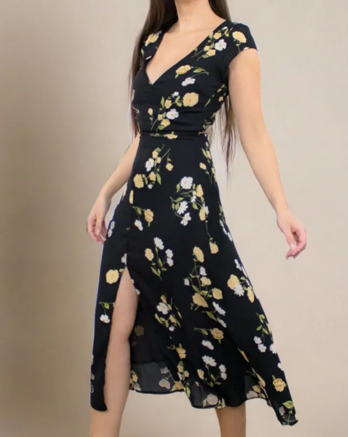 Amelia Black Midi Dress with V Neck - Black Cocktail Dress