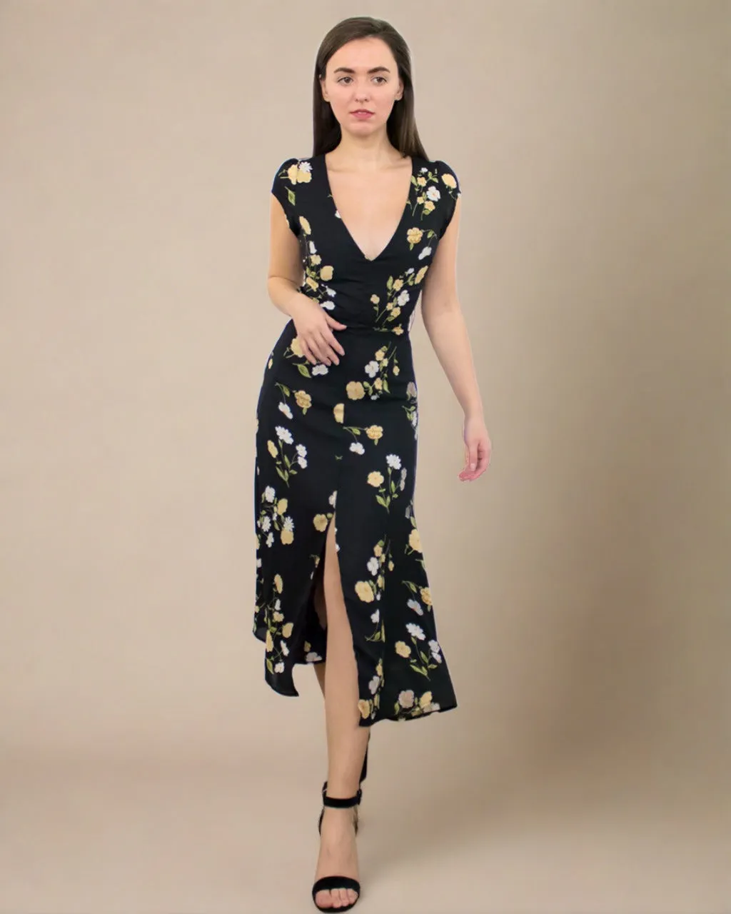 Amelia Black Midi Dress with V Neck - Black Cocktail Dress