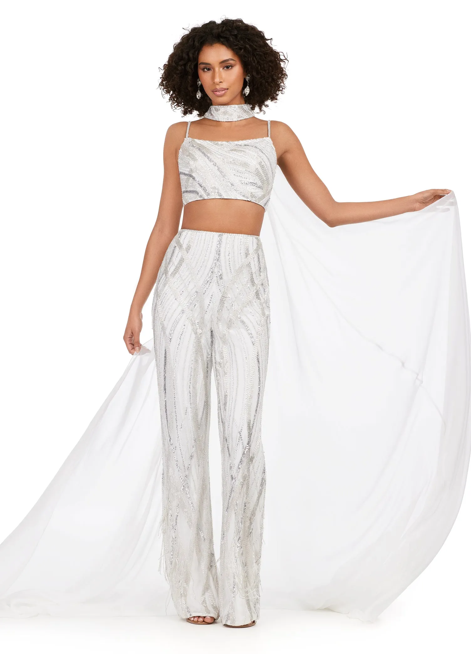Ashley Lauren 11385 Fully Beaded 2-Piece With Chiffon Cape Spaghetti Strap Jumpsuit