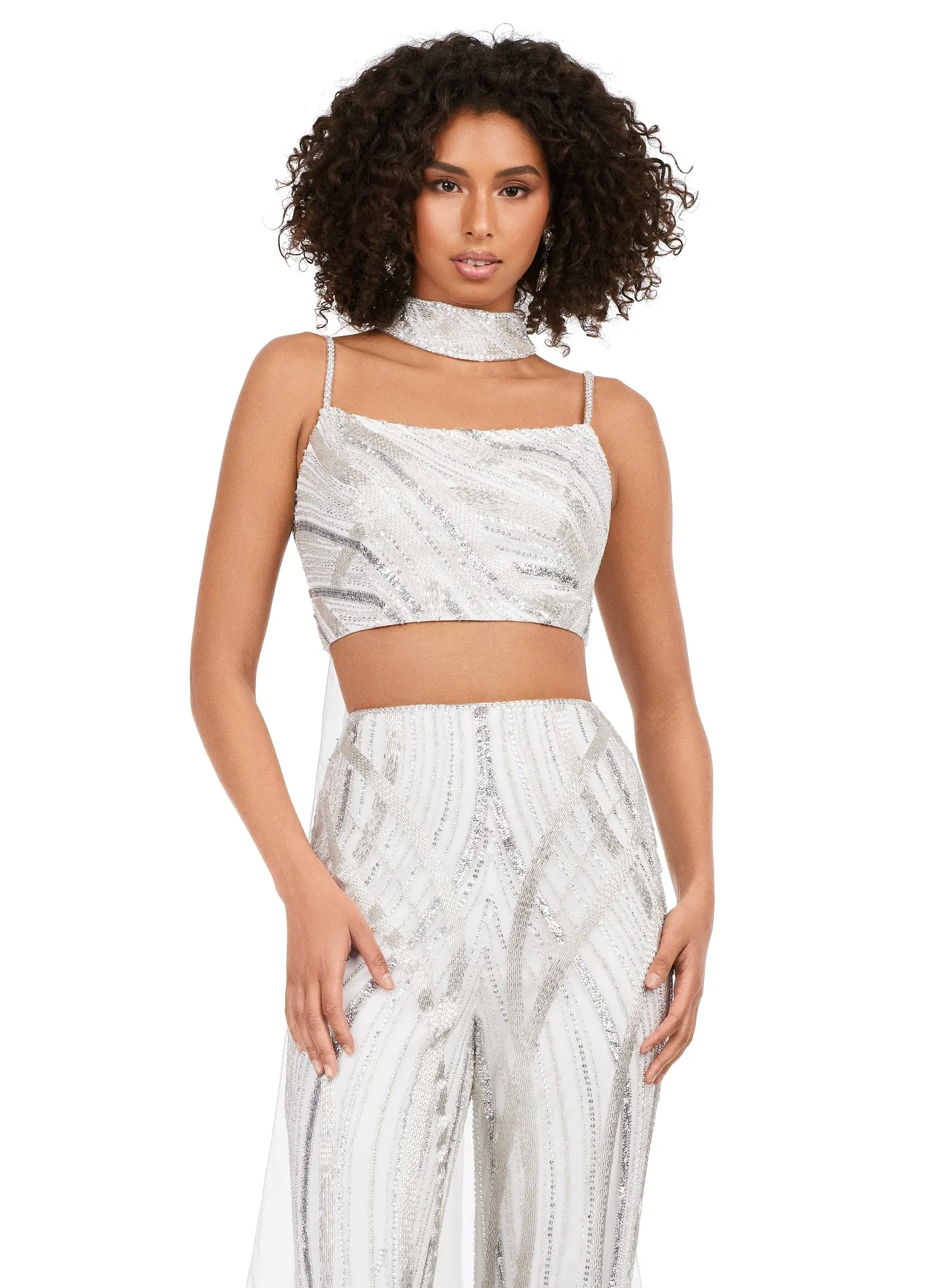 Ashley Lauren 11385 Fully Beaded 2-Piece With Chiffon Cape Spaghetti Strap Jumpsuit