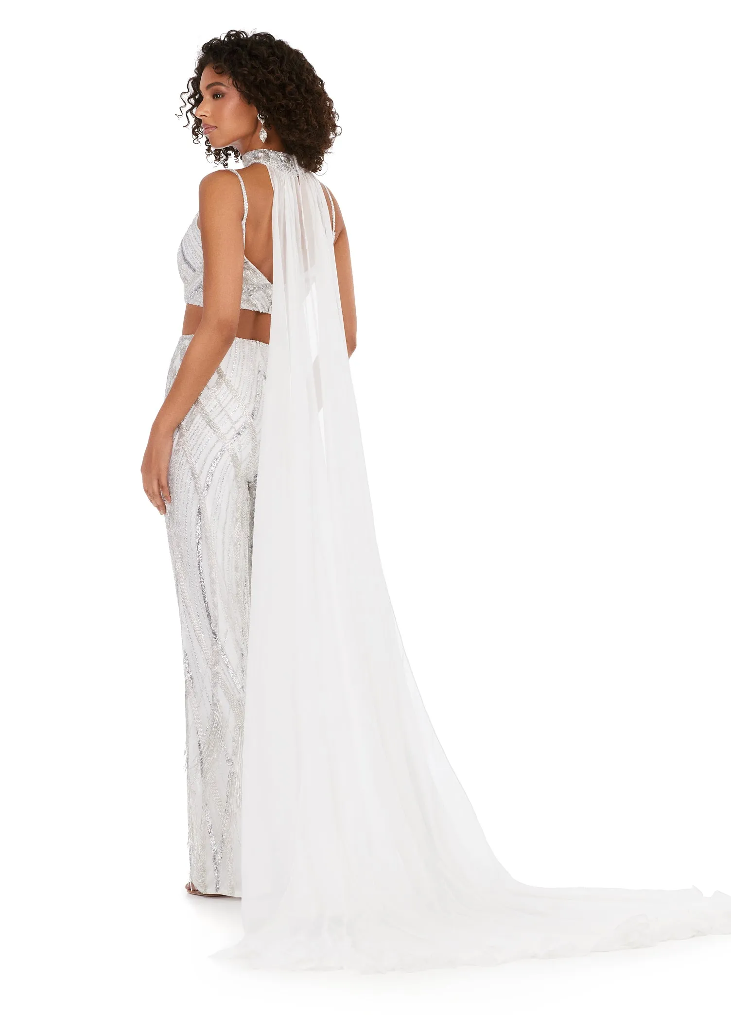 Ashley Lauren 11385 Fully Beaded 2-Piece With Chiffon Cape Spaghetti Strap Jumpsuit