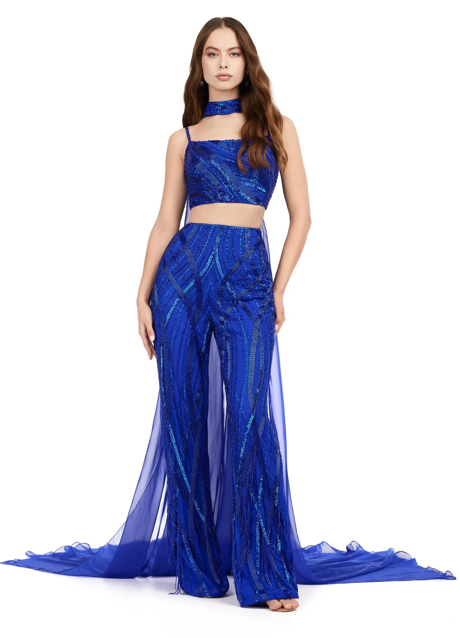 Ashley Lauren 11385 Fully Beaded 2-Piece With Chiffon Cape Spaghetti Strap Jumpsuit