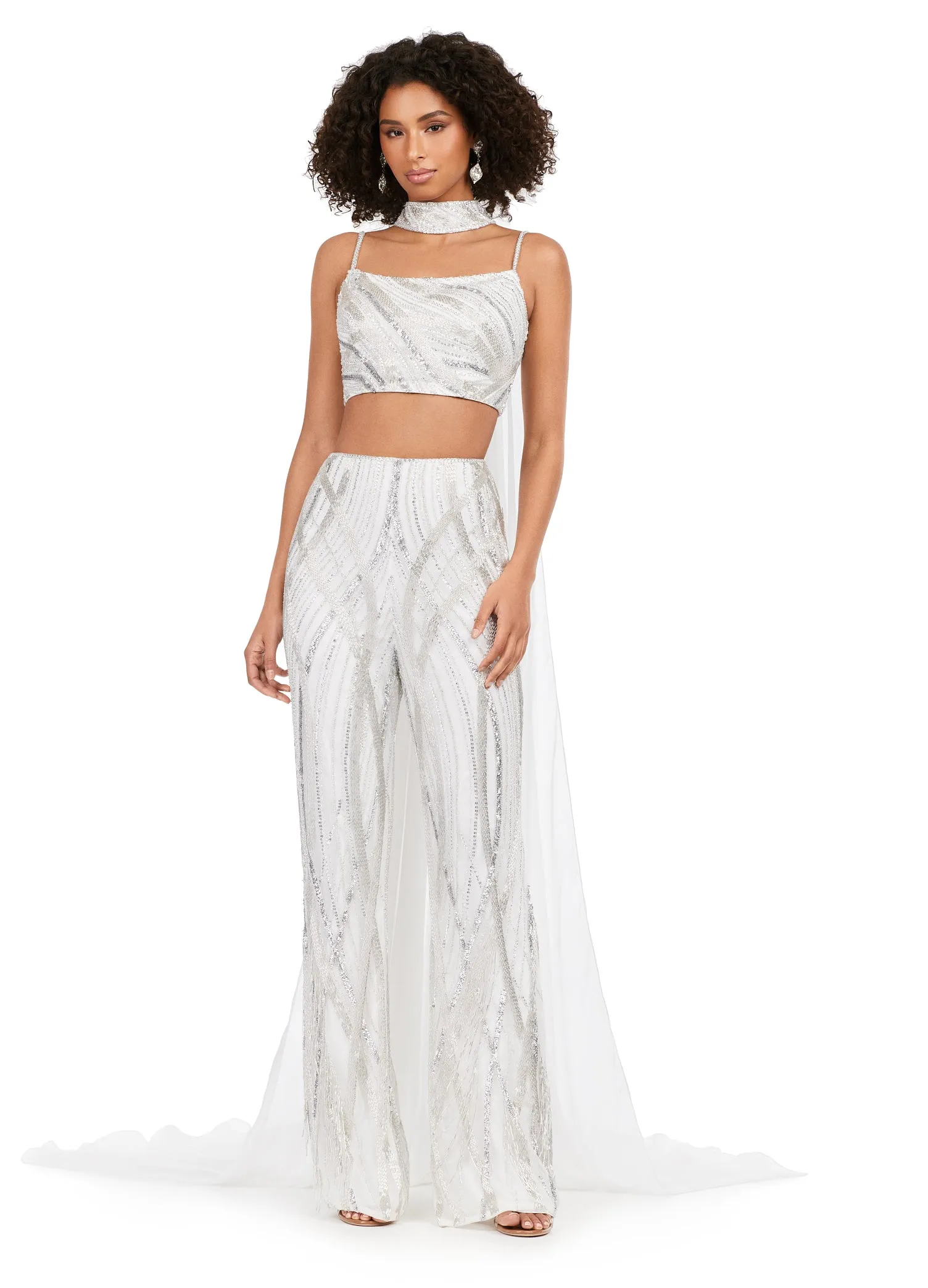 Ashley Lauren 11385 Fully Beaded 2-Piece With Chiffon Cape Spaghetti Strap Jumpsuit