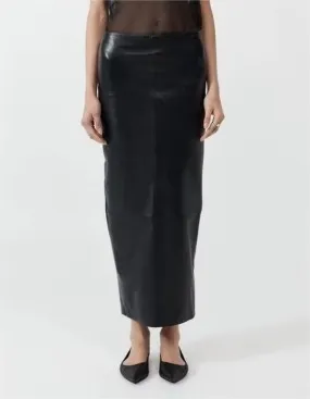 Autumn Women Clothing Mid Length Back Slit Faux Leather Skirt