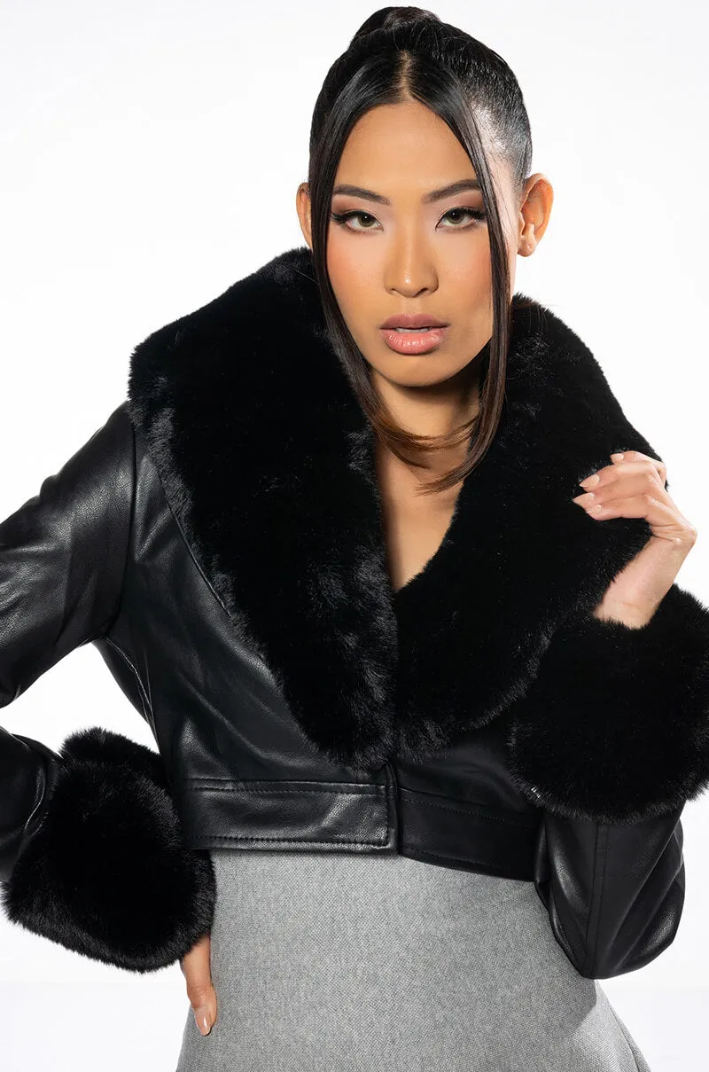 AZALEA WANG FUR TRIM GISELLE CROP JACKET IN BLACK