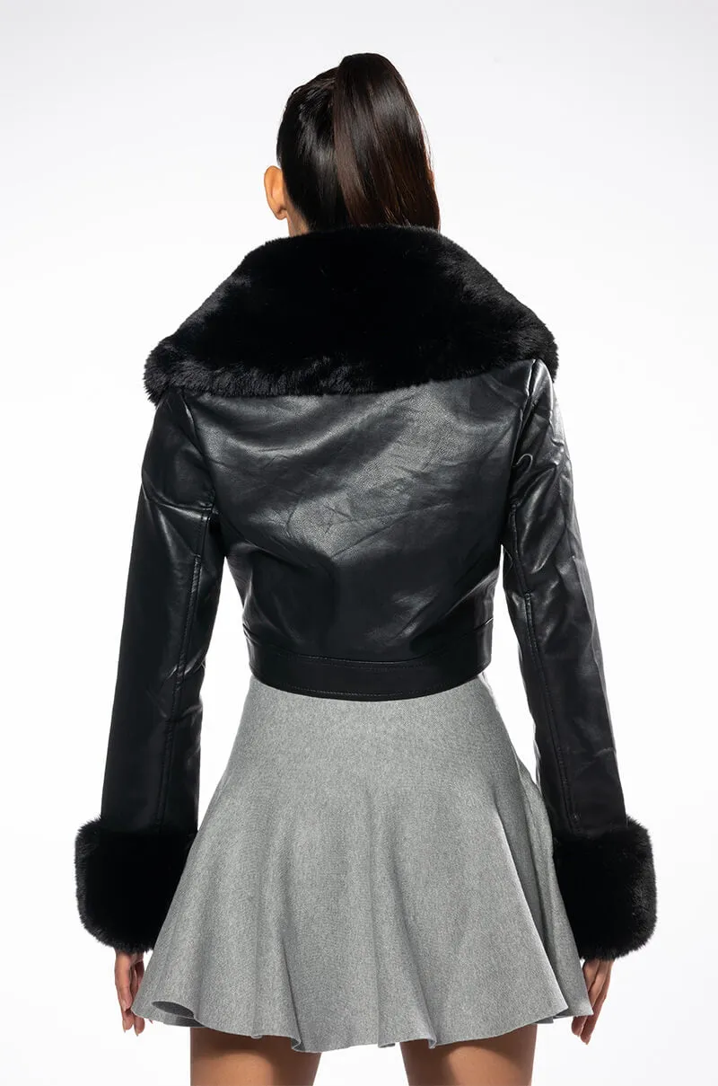 AZALEA WANG FUR TRIM GISELLE CROP JACKET IN BLACK