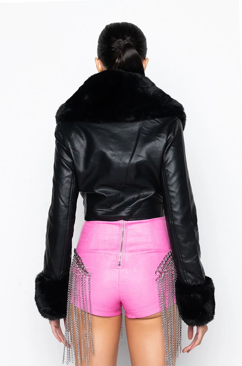 AZALEA WANG FUR TRIM GISELLE CROP JACKET IN BLACK
