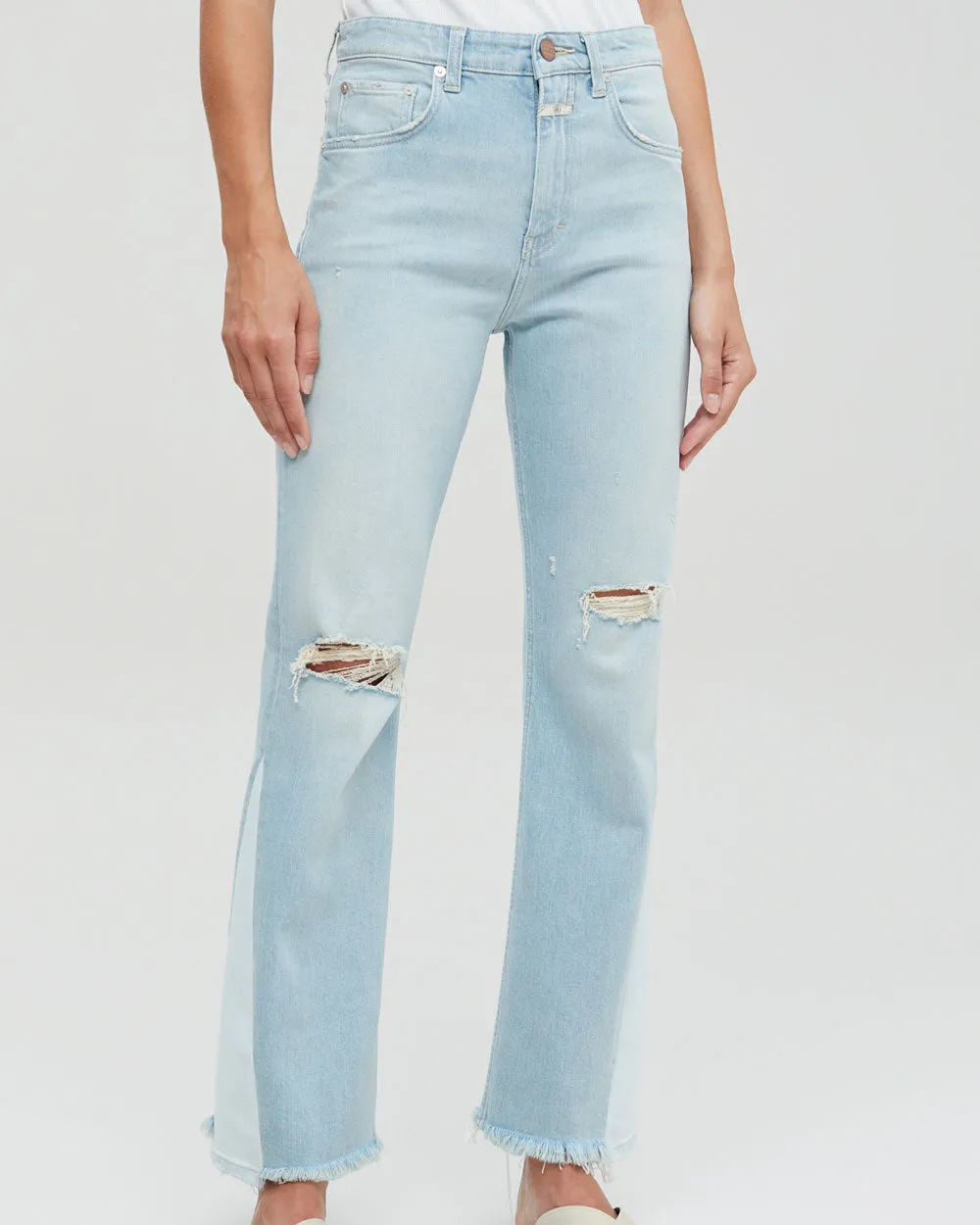 Baylin High Rise Flare Jean in Light Blue Spliced