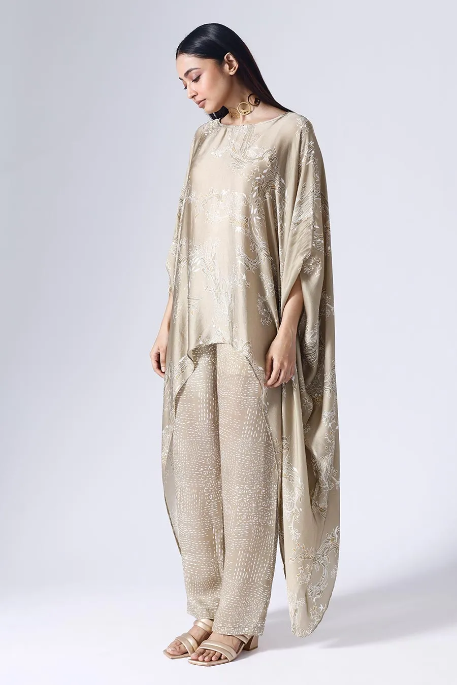 Beige Lotus Poncho Set