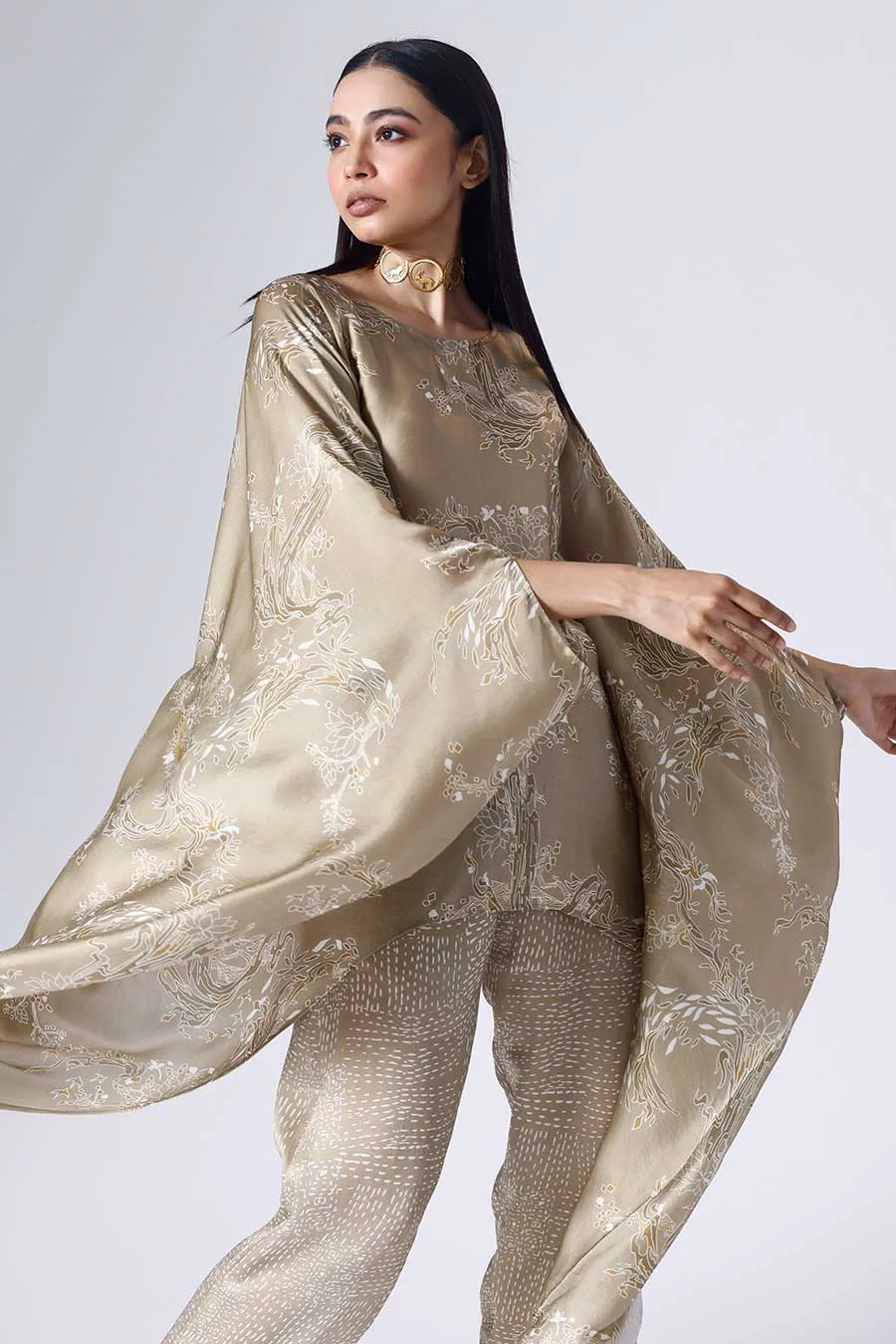 Beige Lotus Poncho Set