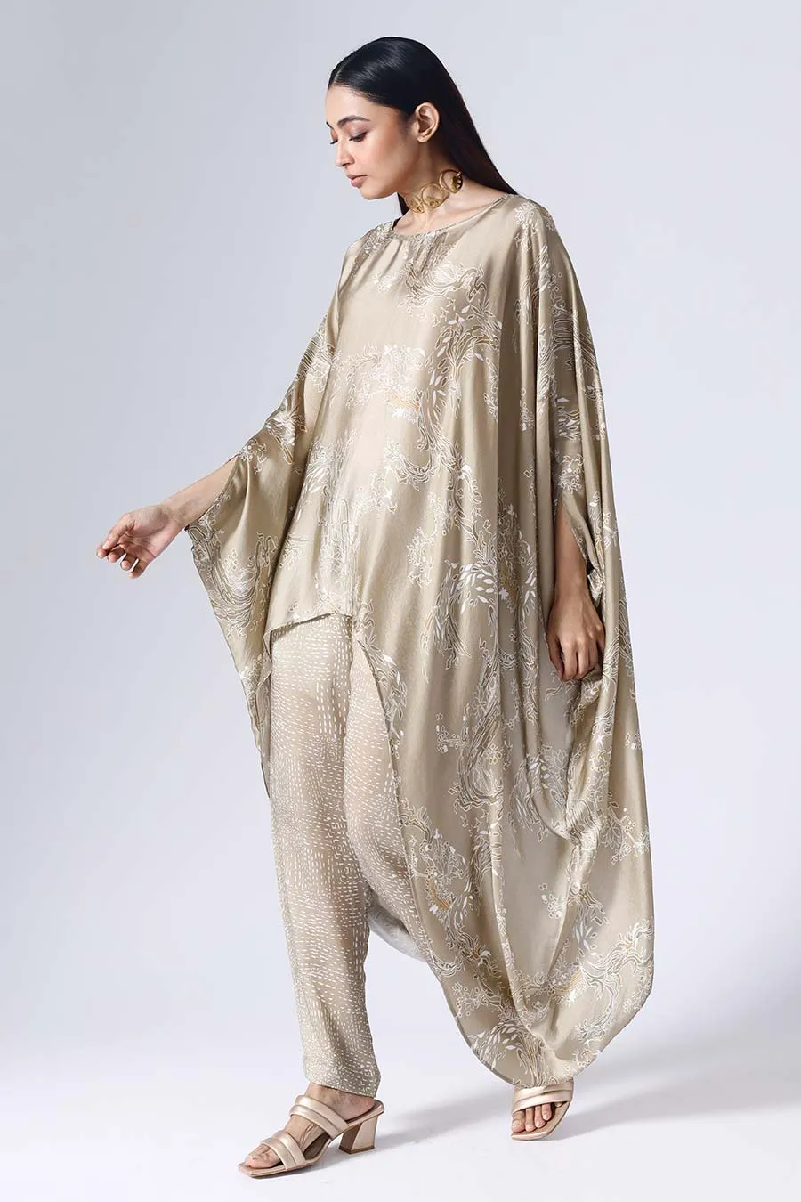 Beige Lotus Poncho Set