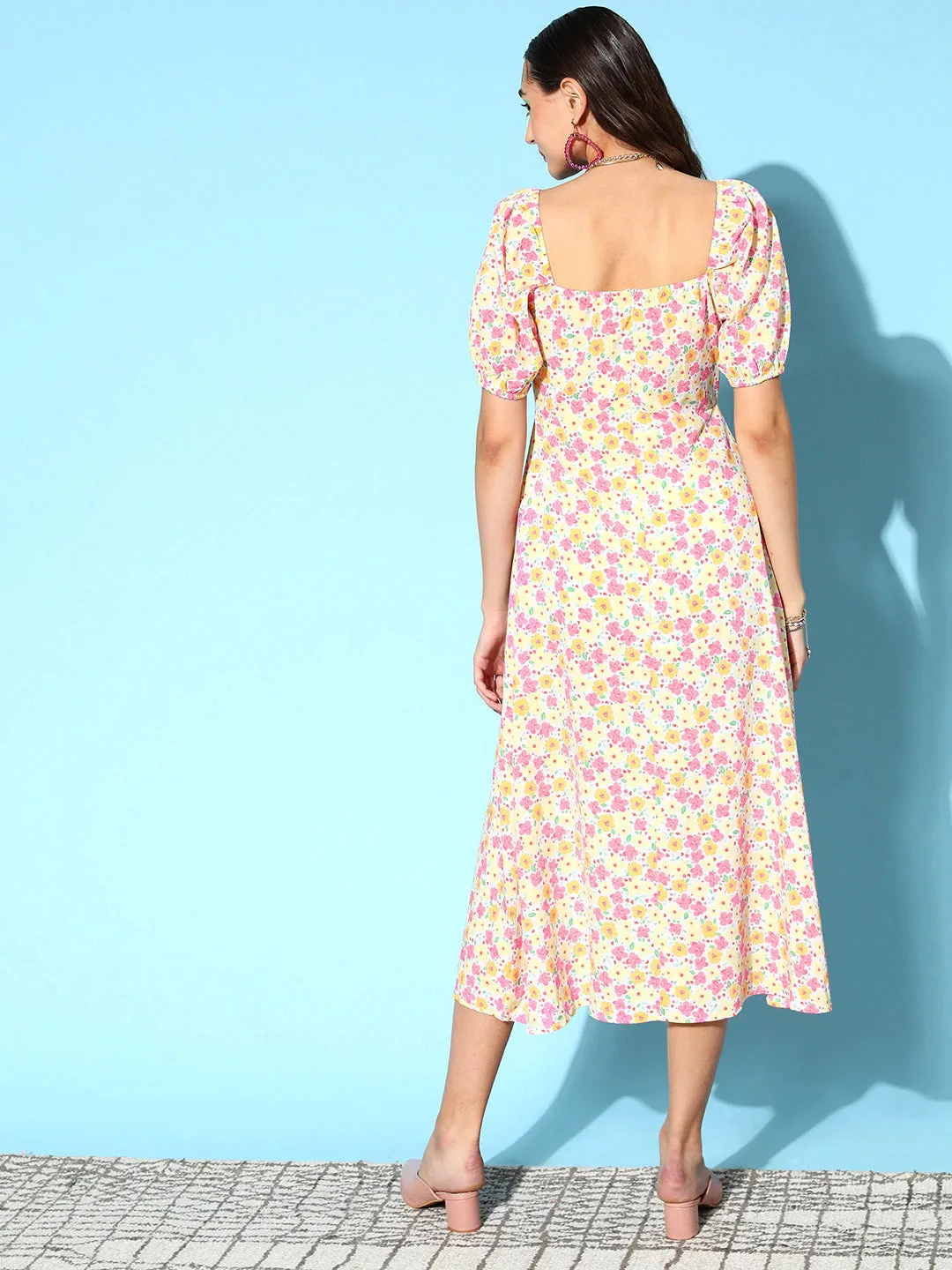 Berrylush Women White & Peach Floral Printed Square Neck Front Tie-Up Thigh-High Slit Crepe Flared A-Line Midi Dress
