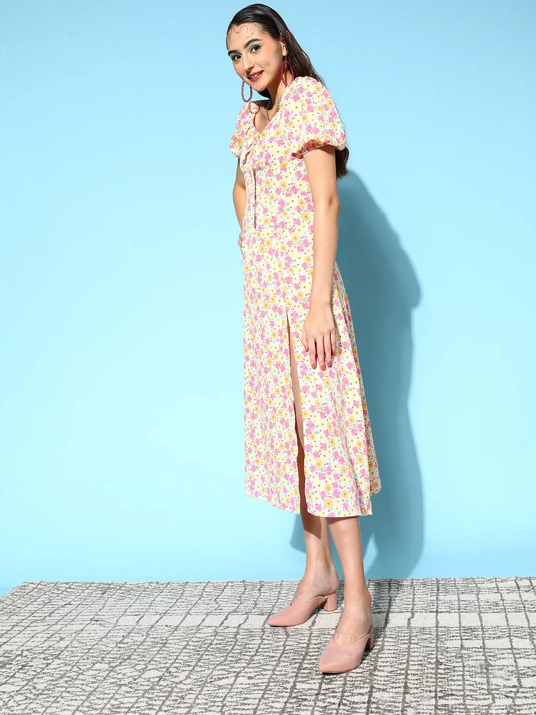 Berrylush Women White & Peach Floral Printed Square Neck Front Tie-Up Thigh-High Slit Crepe Flared A-Line Midi Dress