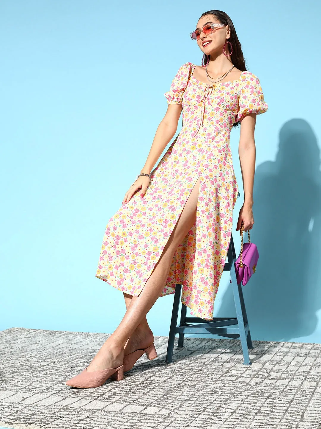 Berrylush Women White & Peach Floral Printed Square Neck Front Tie-Up Thigh-High Slit Crepe Flared A-Line Midi Dress