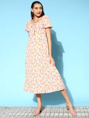 Berrylush Women White & Peach Floral Printed Square Neck Front Tie-Up Thigh-High Slit Crepe Flared A-Line Midi Dress