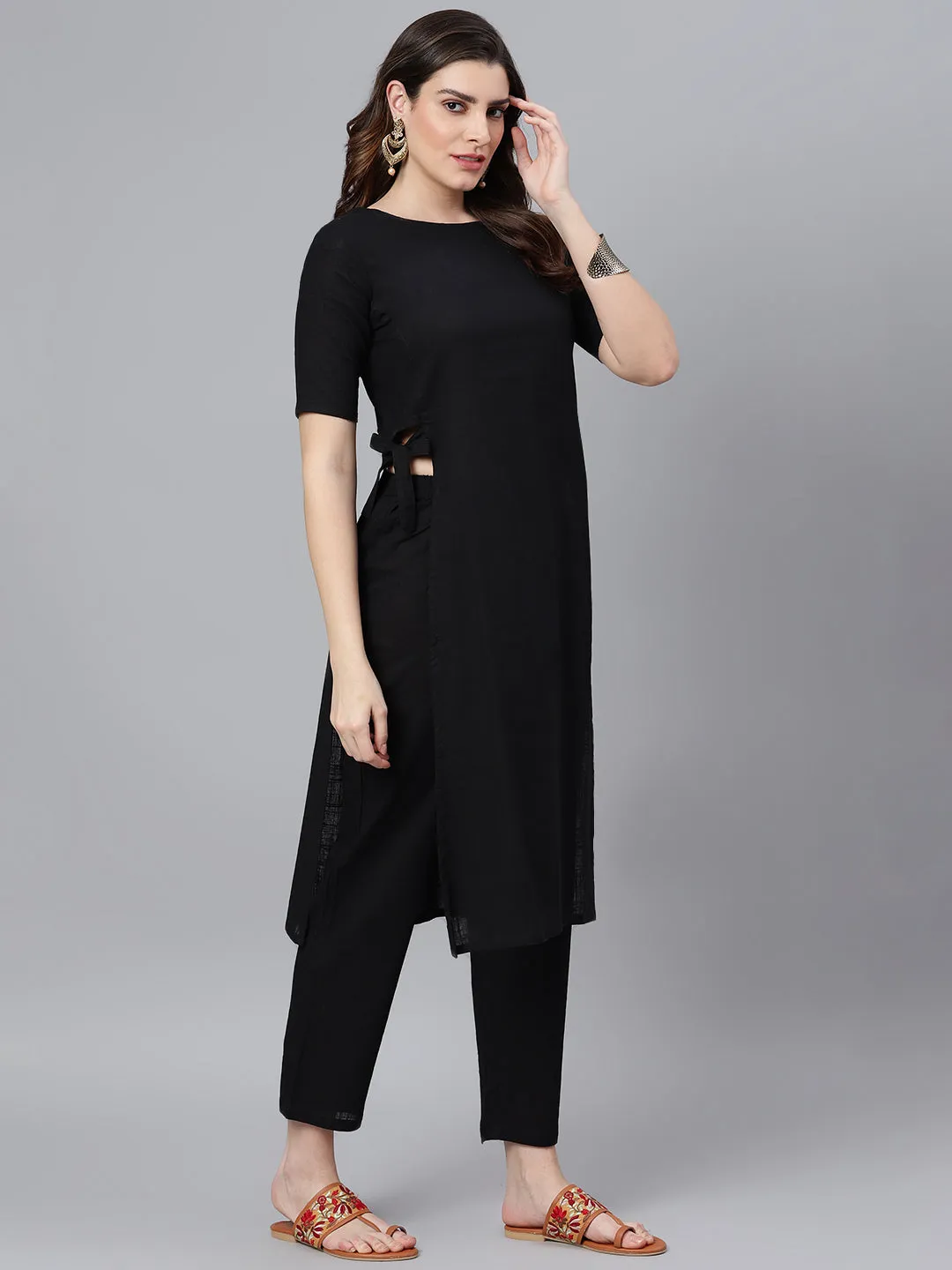 Black A-line Kurta With Palazzo Pants And Printed Dupatta