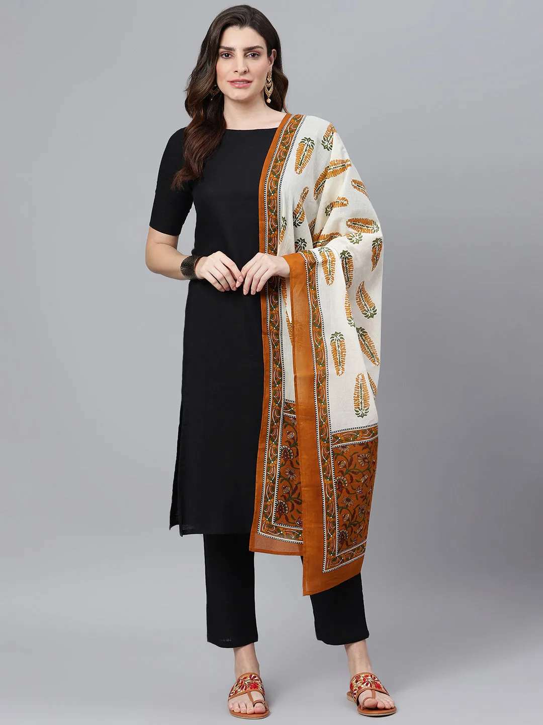 Black A-line Kurta With Palazzo Pants And Printed Dupatta