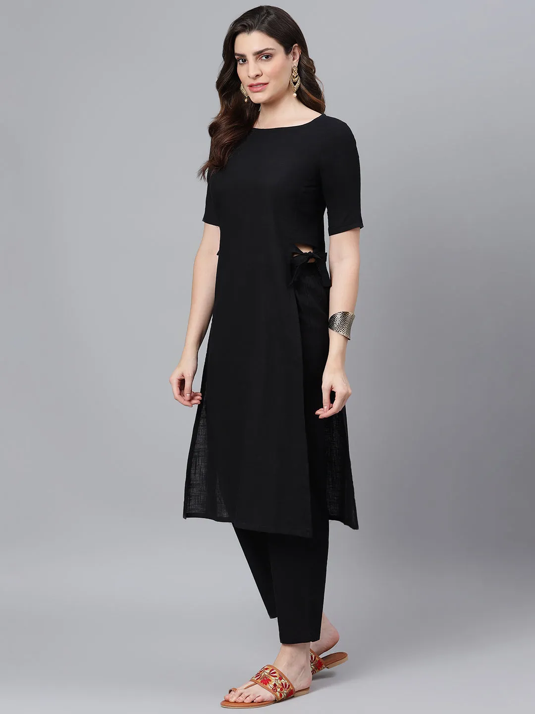 Black A-line Kurta With Palazzo Pants And Printed Dupatta