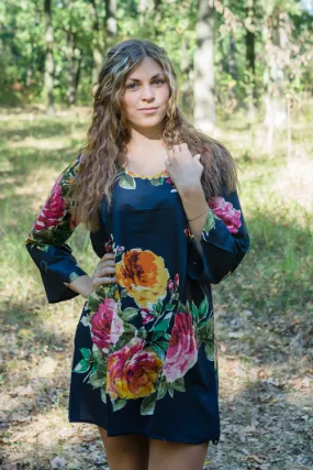 Black Bella Tunic Style Caftan in Large Floral Blossom Pattern