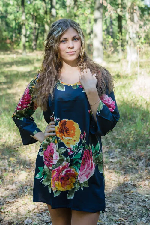 Black Bella Tunic Style Caftan in Large Floral Blossom Pattern