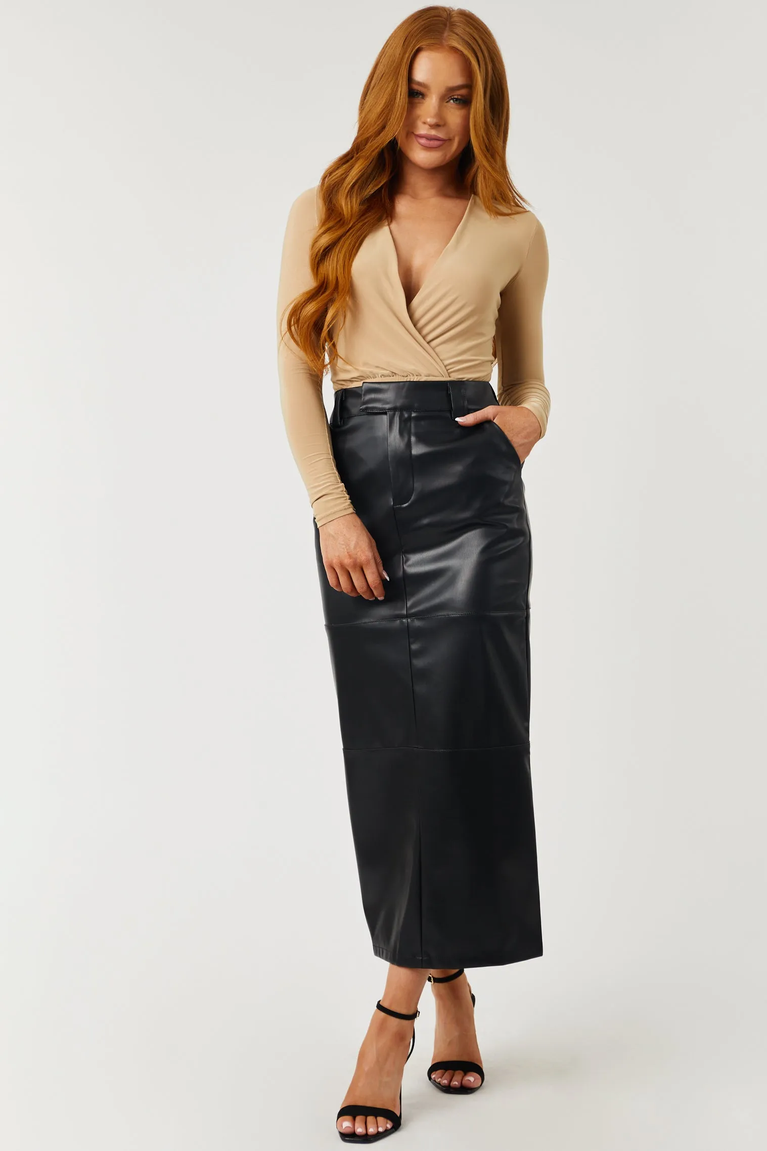 Black Faux Leather Back Slit Midi Skirt