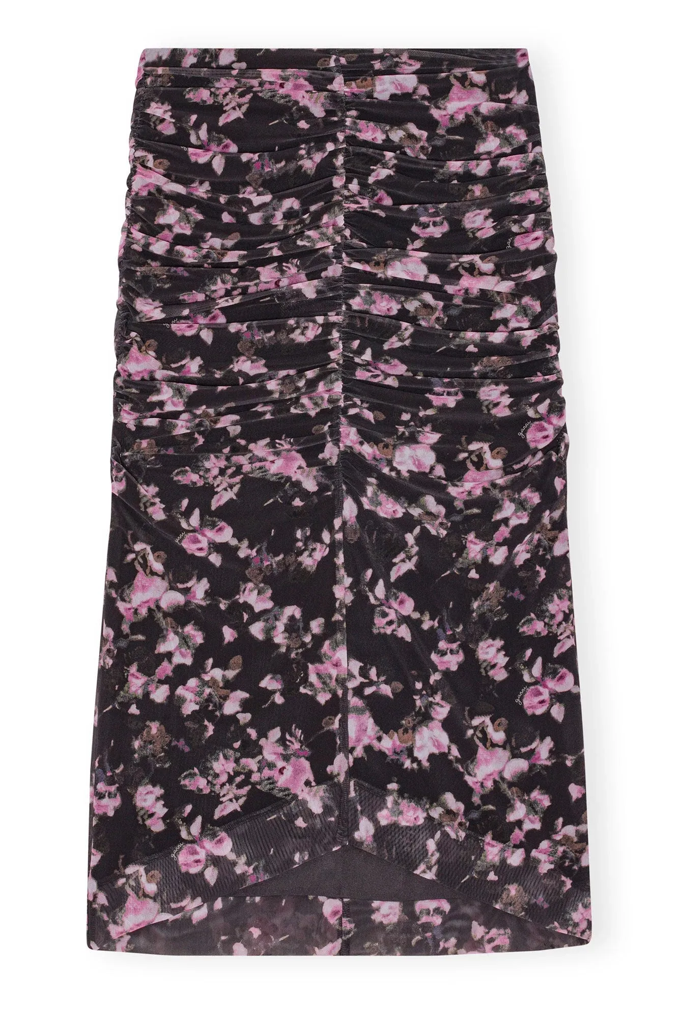 Black Floral Printed Mesh Ruched Midi Skirt