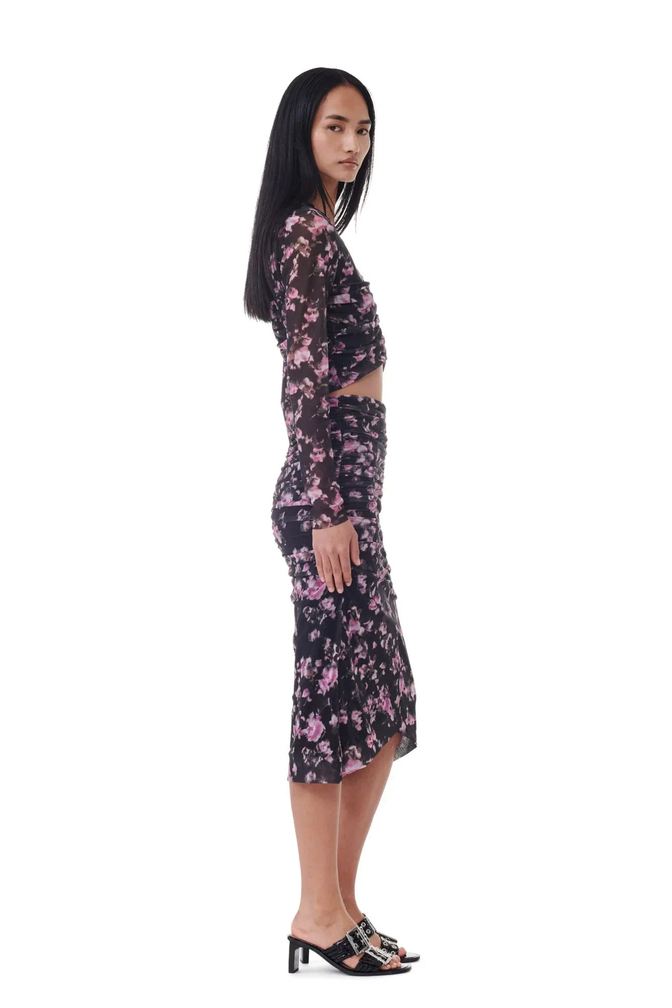 Black Floral Printed Mesh Ruched Midi Skirt