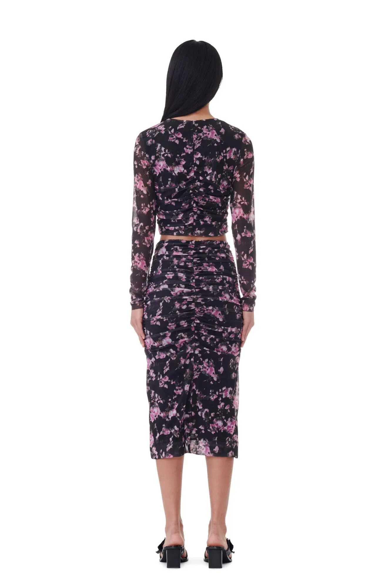 Black Floral Printed Mesh Ruched Midi Skirt