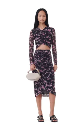 Black Floral Printed Mesh Ruched Midi Skirt