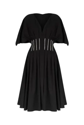 BLACK RHINESTONE DART MIDI DRESS