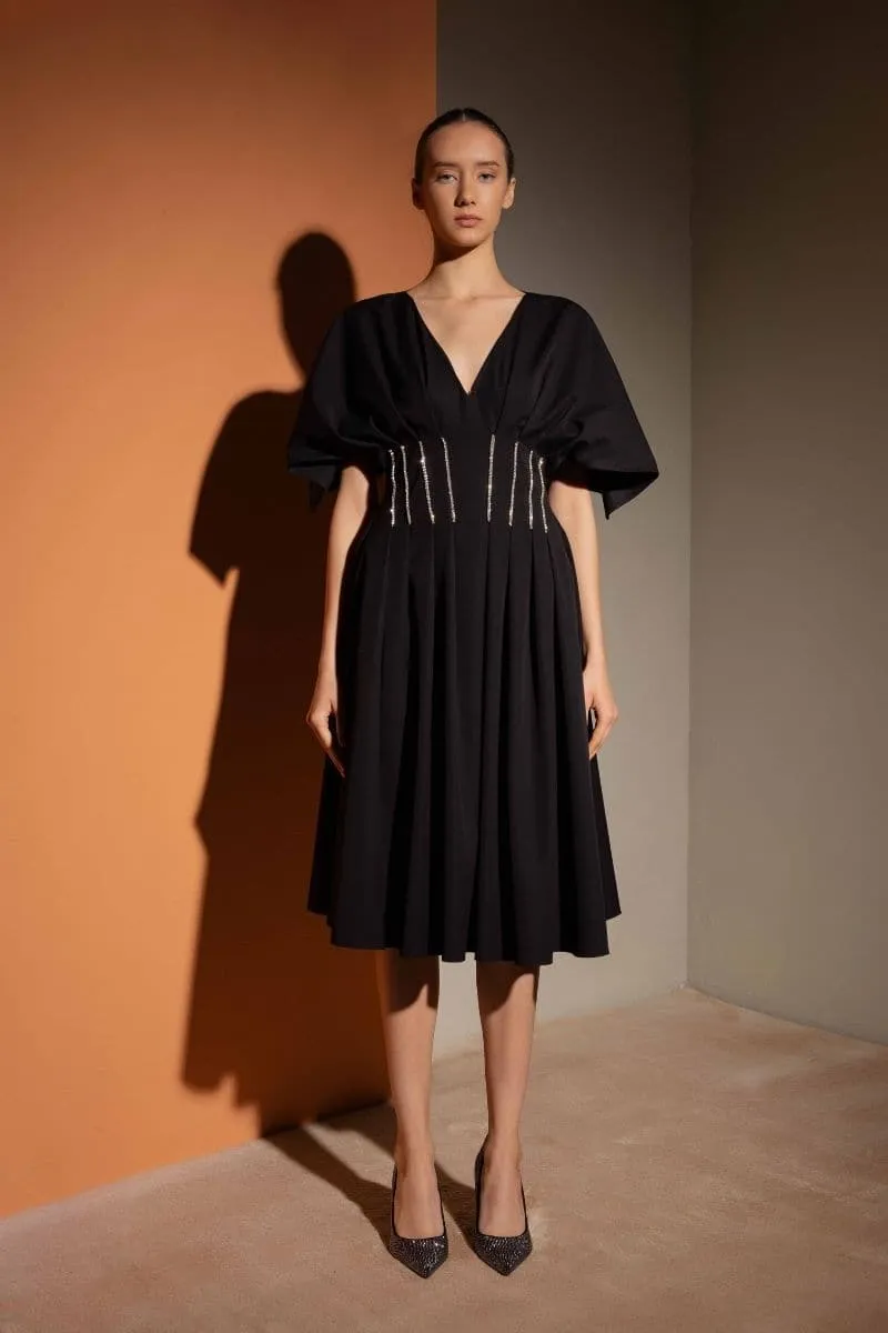 BLACK RHINESTONE DART MIDI DRESS