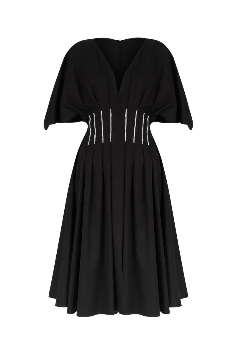 BLACK RHINESTONE DART MIDI DRESS