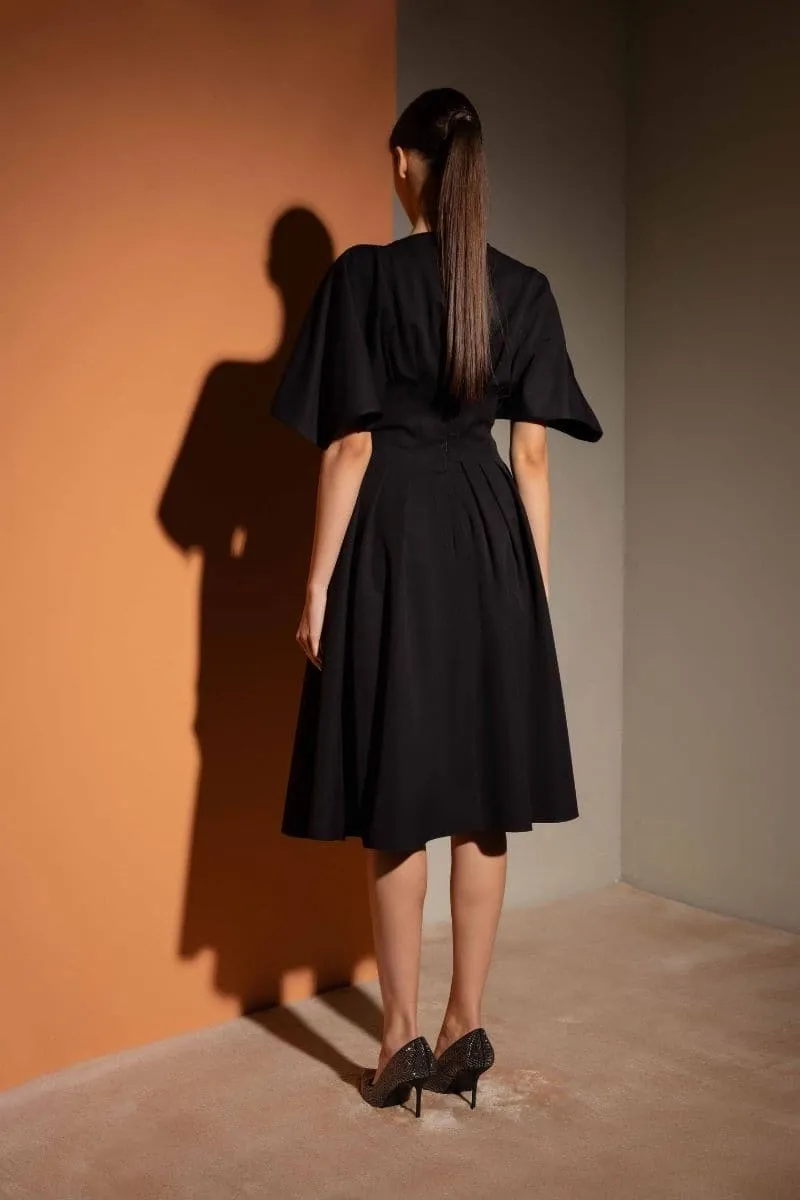 BLACK RHINESTONE DART MIDI DRESS