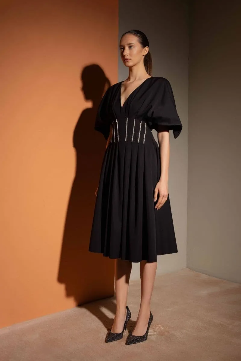 BLACK RHINESTONE DART MIDI DRESS