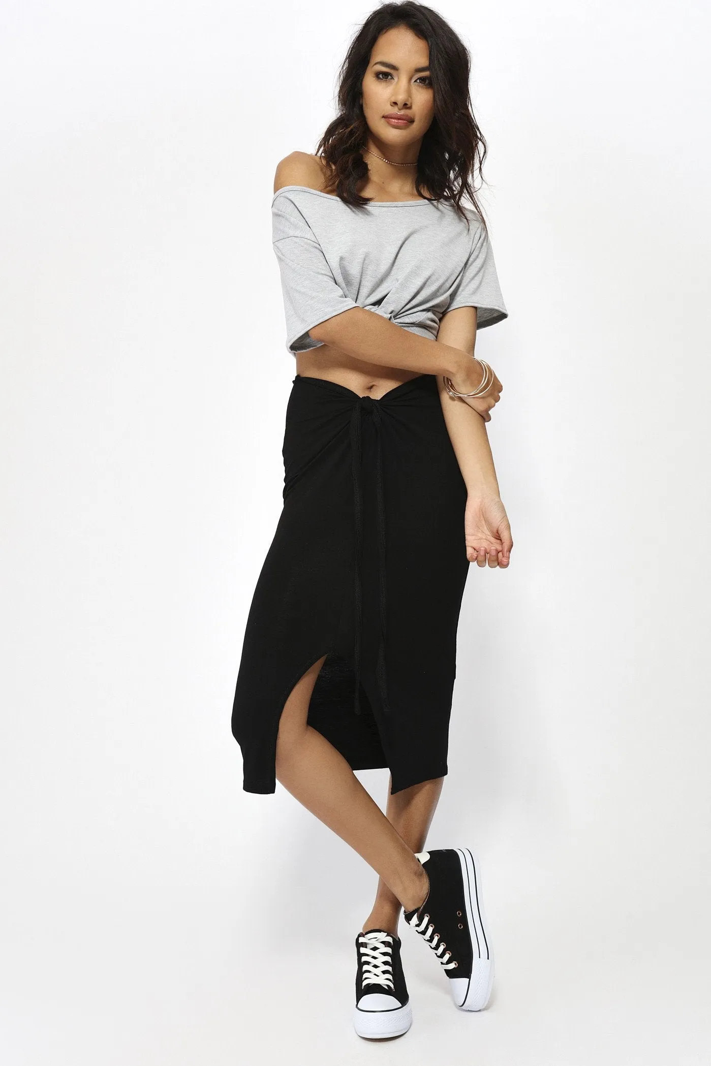 Black Tie Front Midi Skirt