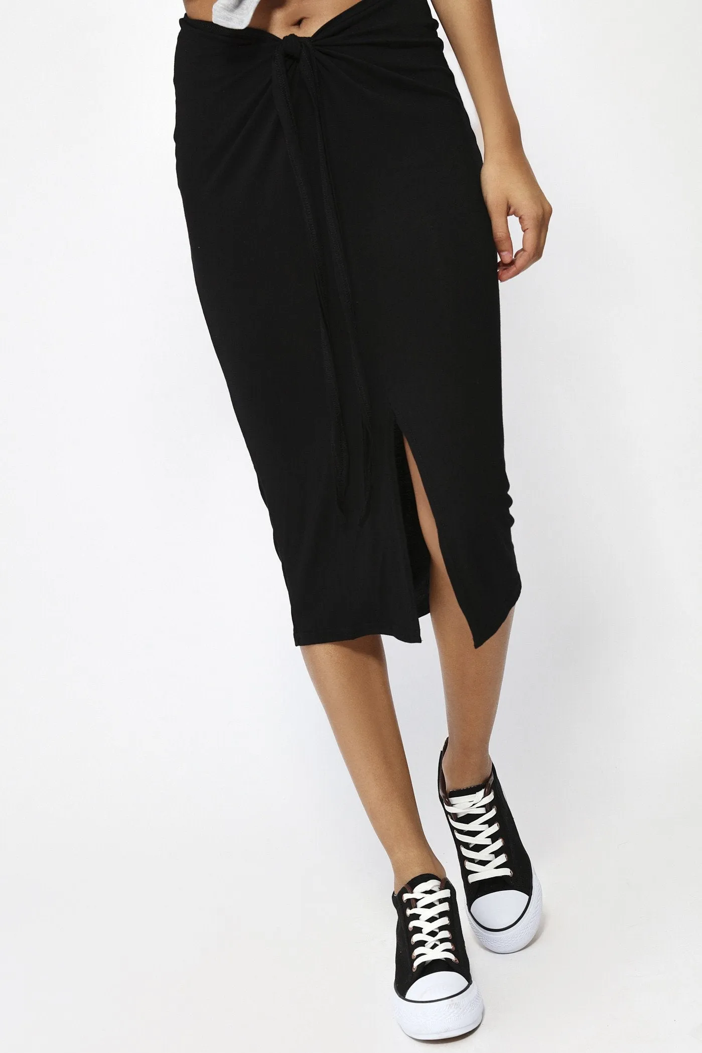 Black Tie Front Midi Skirt
