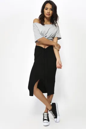 Black Tie Front Midi Skirt