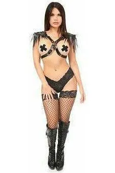 Black Vegan Leather Body Harness w/Shoulder Fringe