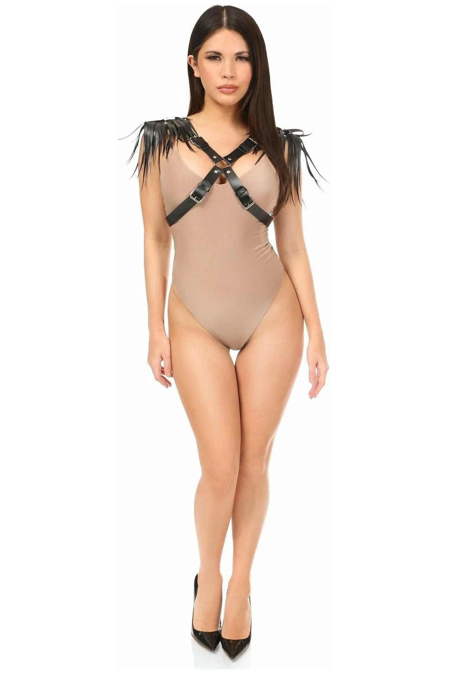 Black Vegan Leather Body Harness w/Shoulder Fringe